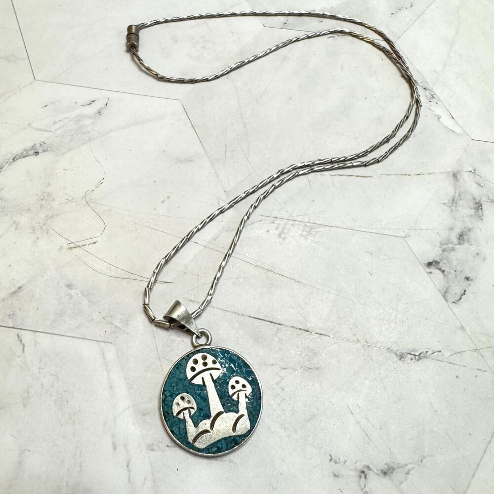 Vtg Taxco Sterling Mushroom Necklace 925 Silver Crushed Turquoise Inlay Signed